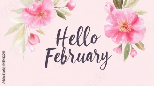 Floral greeting card design, pink background with vibrant flowers, cheerful message for February, ideal for seasonal wishes.