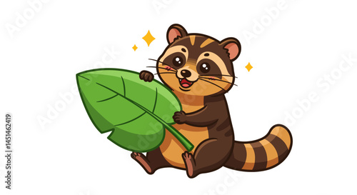 A Cheerful Cartoon Raccoon Stands Playfully Holding A Large Vibrant Green Leaf Its Bright Eyes And Open Mouth Conveying A Sense Of Joy And Innocence In This Vector Illustration Style Artwork