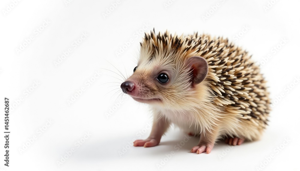 Obraz premium Single brown hedgehog on bright white, showing spines and tiny nose, macro, wild