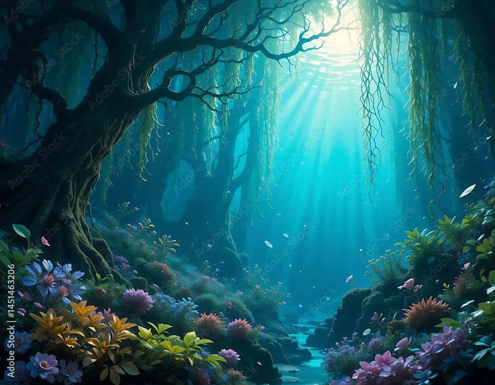 Obraz premium A tranquil view into a lush underwater forest with vibrant flora and streams of sunlit water.