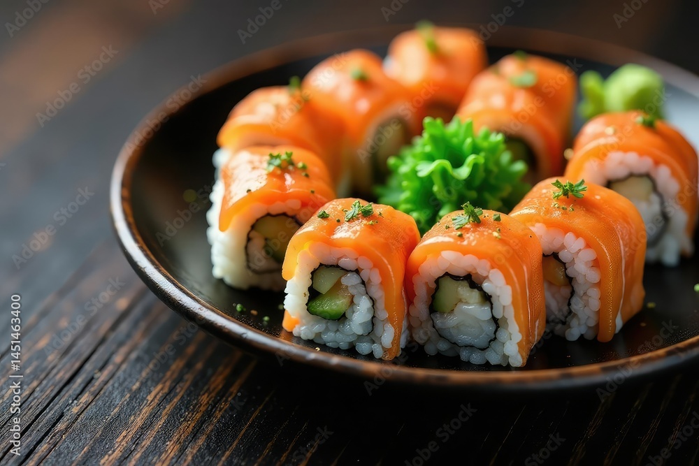 Various sushi rolls on a plate, soy sauce, wasabi , soy, sauce Various sushi rolls on a plate, soy sauce, wasabi , soy, sauce