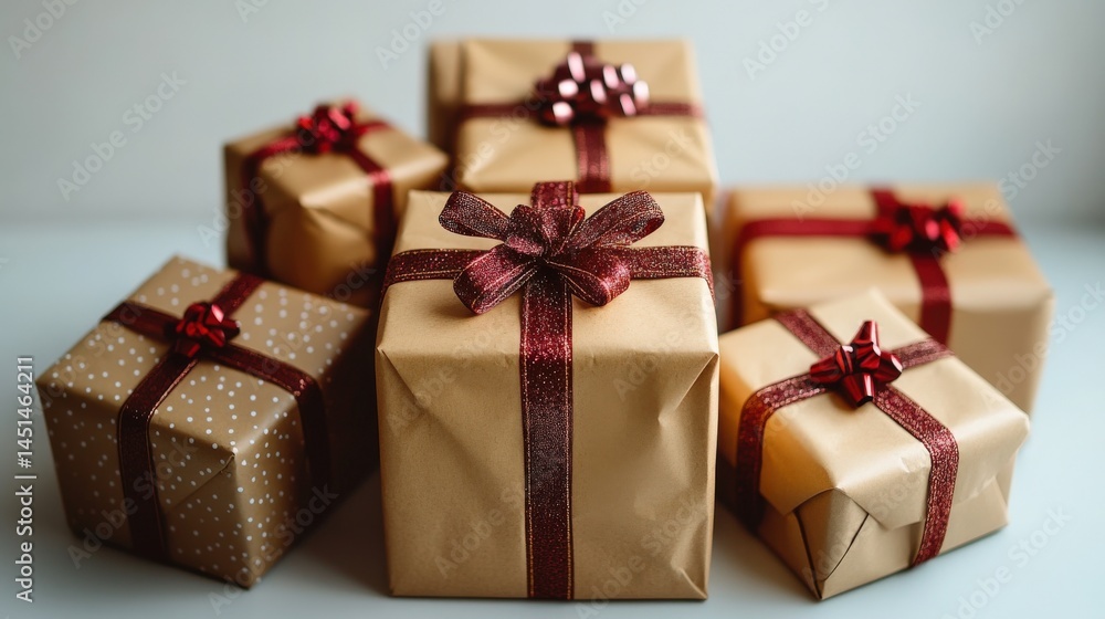 Obraz premium A collection of beautifully wrapped gift boxes with red bows, set against a soft background