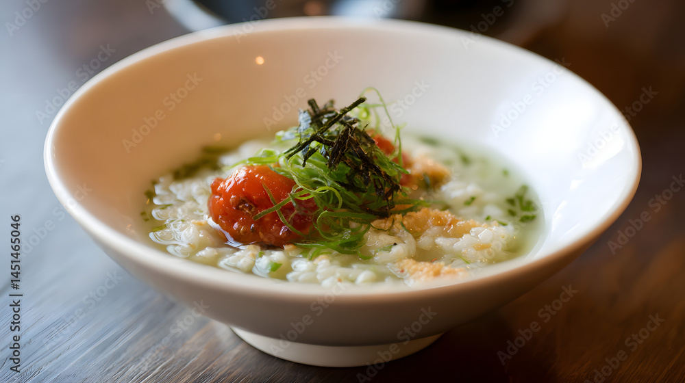 Steamed Rice with Fresh Umeboshi and Chazuke Topped with Greens and Seaweed Garnish Steamed Rice with Fresh Umeboshi and Chazuke Topped with Greens and Seaweed Garnish