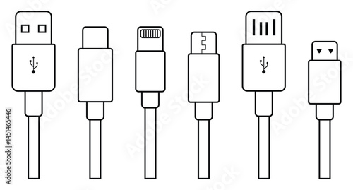 usb cable icons set, USB type C, A,B, lightning and micro-usb icon, Charger vector icon, vector illustration. 