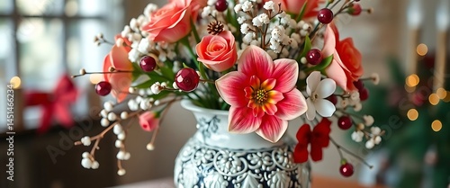 blue and white vase filled with red and white flowers
