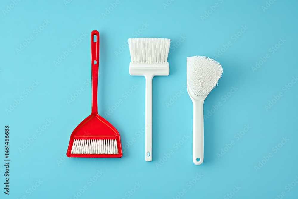 Three cleaning brushes, red and white, arranged in a horizontal row on a light blue surface Three cleaning brushes, red and white, arranged in a horizontal row on a light blue surface