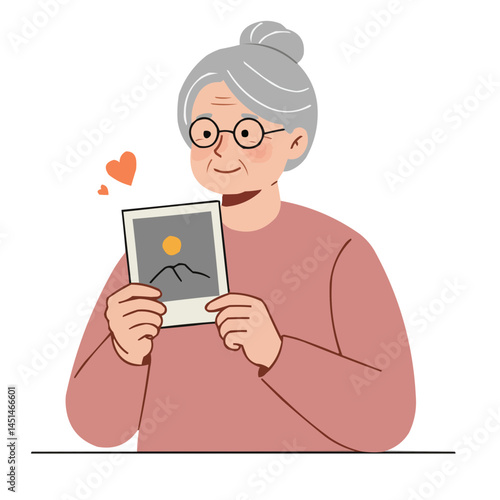 Elderly woman holding old photo - silver-haired woman with warm smile gently holding faded photograph, her eyes filled with nostalgia and precious memories.