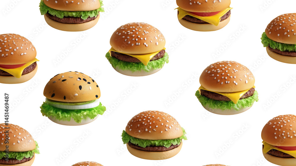 Burger Party: A vibrant and colorful pattern featuring several juicy burgers, each showcasing different toppings and sesame seeds. Burger Party: A vibrant and colorful pattern featuring several juicy burgers, each showcasing different toppings and sesame seeds.