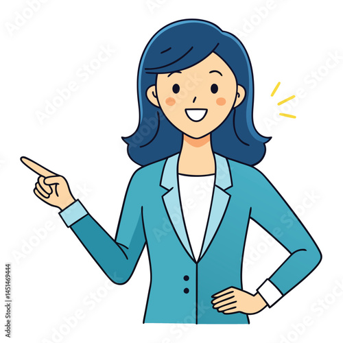 Business woman pointing finger at something. Happy face. Hand drawn style vector design illustrations. 