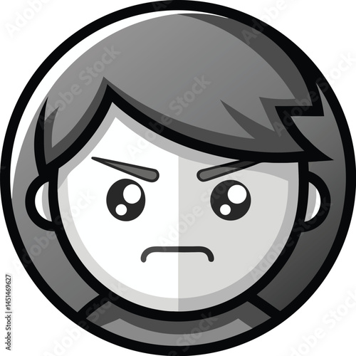 vector icons Grayscale cartoon emoji with angry facial expression – round face emoticon character showing frustration, irritation, or emotional outburst in vector style