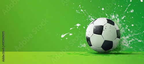 Soccer ball flies into the goal on a green grass background with a sunlight banner, leaving space for text.
