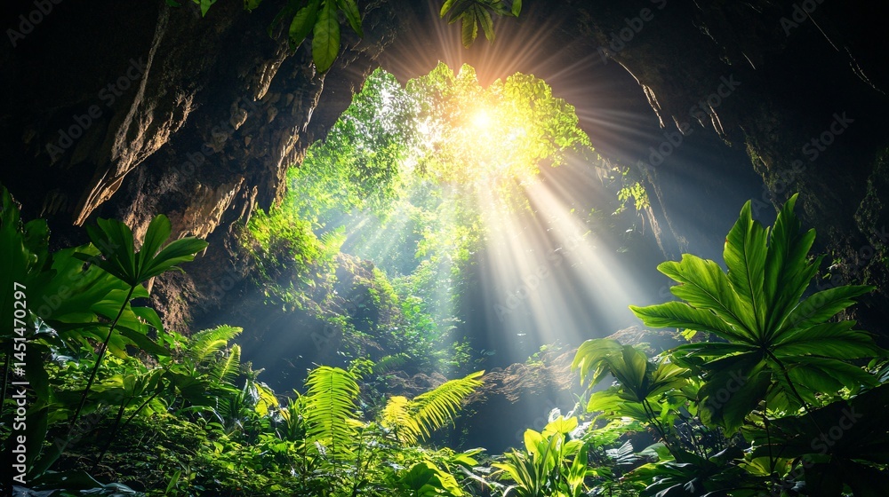 Obraz premium Sunbeams illuminate lush jungle cave. Explore nature's beauty