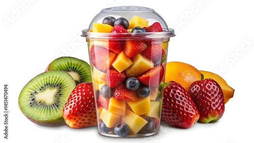 Colorful fresh cut fruit in plastic cup isolated on transparent background