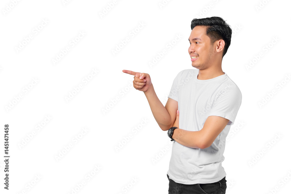 Cheerful young Asian man pointing fingers at copy space, advertisement banner isolated on transparent background Cheerful young Asian man pointing fingers at copy space, advertisement banner isolated on transparent background
