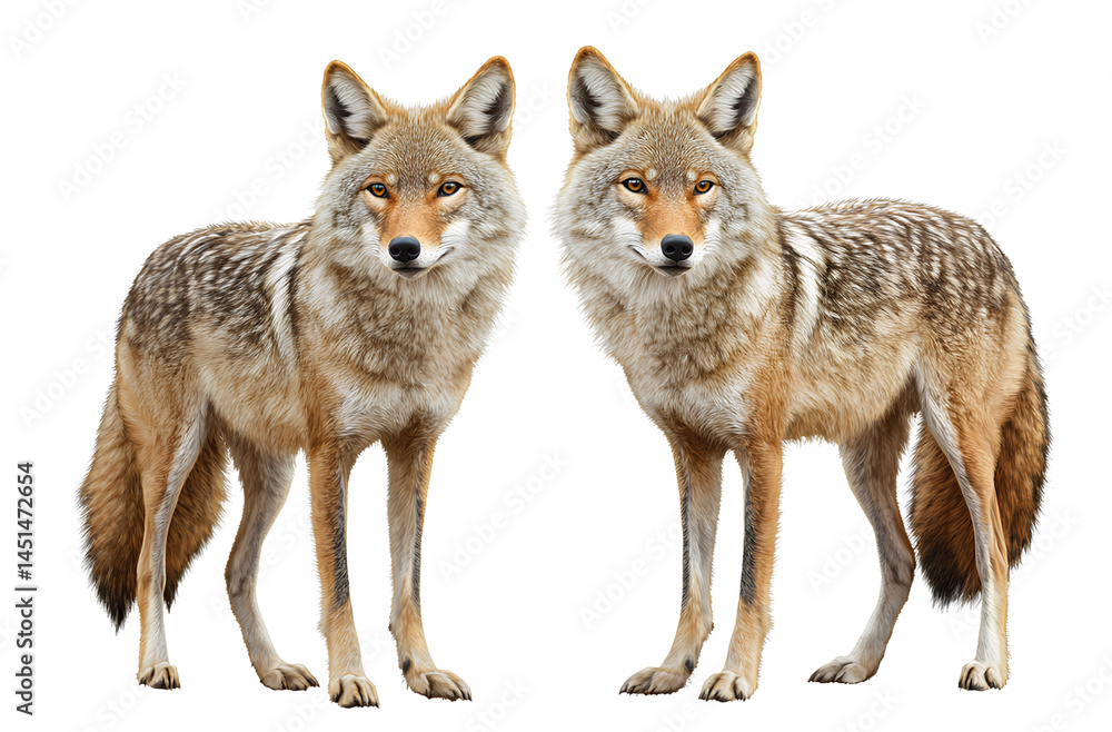 Fototapeta premium Two realistic coyotes, full body, transparent background, PNG