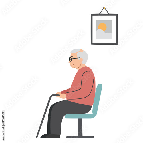 Elderly person in waiting room - senior citizen sitting in hospital lobby patiently awaiting appointment, wrinkled hands resting on knees, atmosphere of quiet anticipation.