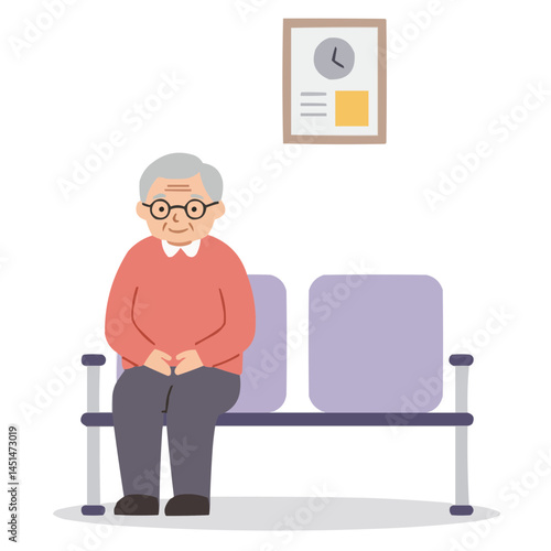 Elderly person in waiting room - senior citizen sitting in hospital lobby patiently awaiting appointment, wrinkled hands resting on knees, atmosphere of quiet anticipation.