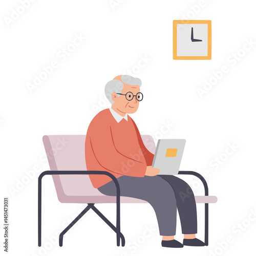 Elderly person in waiting room - senior citizen sitting in hospital lobby patiently awaiting appointment, wrinkled hands resting on knees, atmosphere of quiet anticipation.