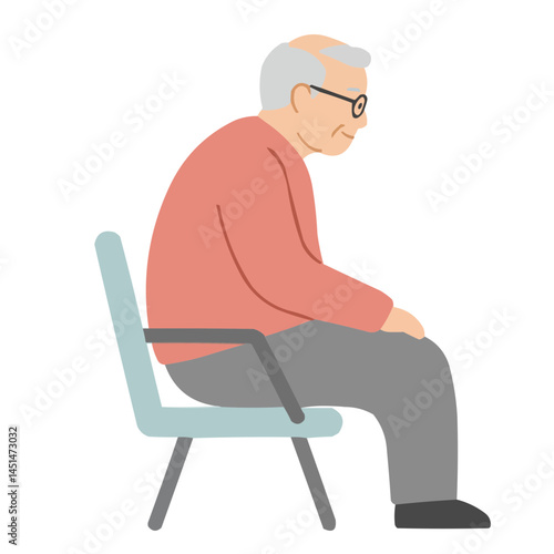 Elderly person in waiting room - senior citizen sitting in hospital lobby patiently awaiting appointment, wrinkled hands resting on knees, atmosphere of quiet anticipation.