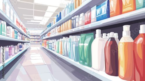 This image features a stylized illustration of a supermarket aisle in a bright, almost cartoonish style. The perspective is classic linear, drawing the viewer's eye downward.