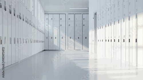 The image shows a long, linear school hallway lined with rows of pristine white metal lockers that stretch from the foreground to a vanishing point in the distance.