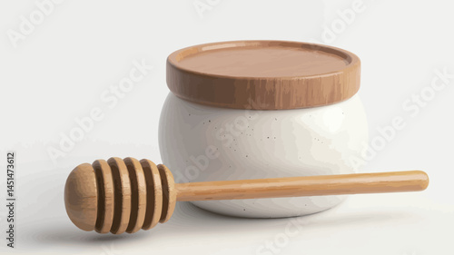 This high-key studio photo shows a round white ceramic honey jar with a light brown bamboo lid and a wooden honey spoon next to it.
