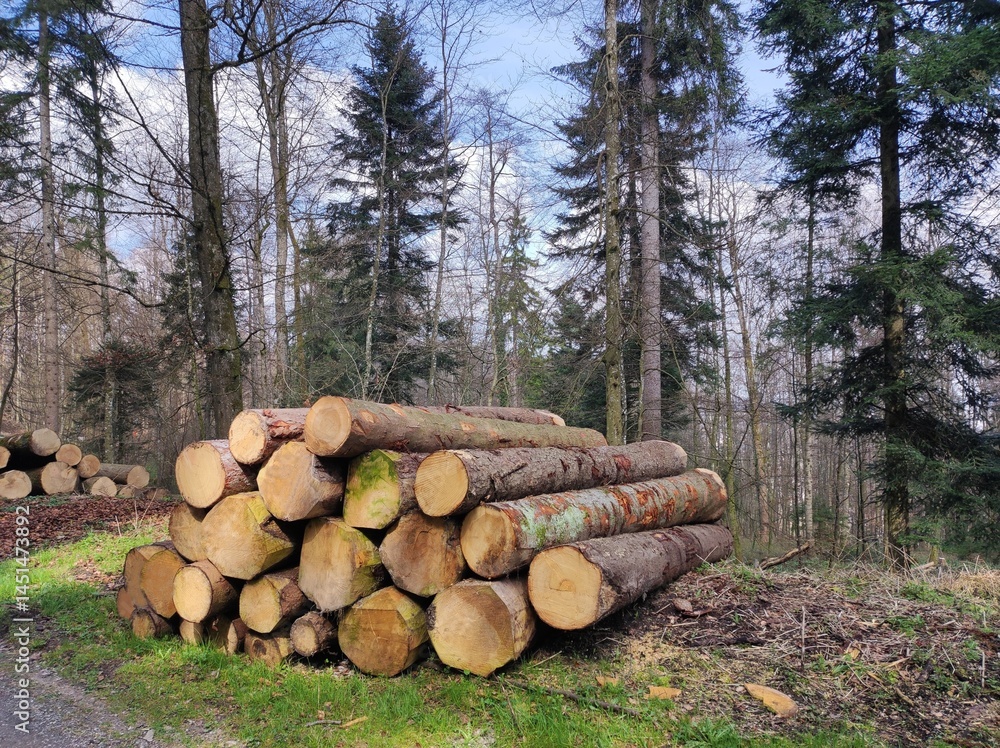 Deforestation, felled trees, tree trunks cleared of branches, sunny day, park natural area, walking path, firewood and timber harvesting, industry, Switzerland, Zurich, Uetliberg Deforestation, felled trees, tree trunks cleared of branches, sunny day, park natural area, walking path, firewood and timber harvesting, industry, Switzerland, Zurich, Uetliberg