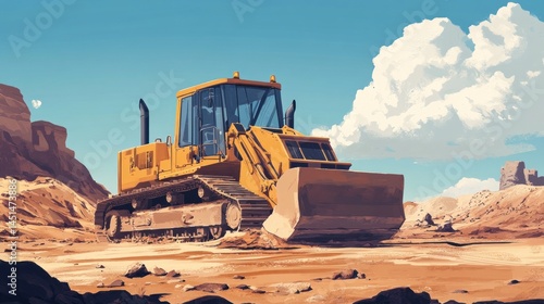 Yellow bulldozer in desert landscape