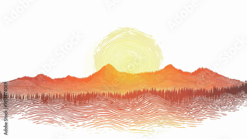 This work is a stylized illustration of a sunset over the mountains. The color palette is warm, with orange, yellow, and red as the main colors, gradually transitioning to dark brown.