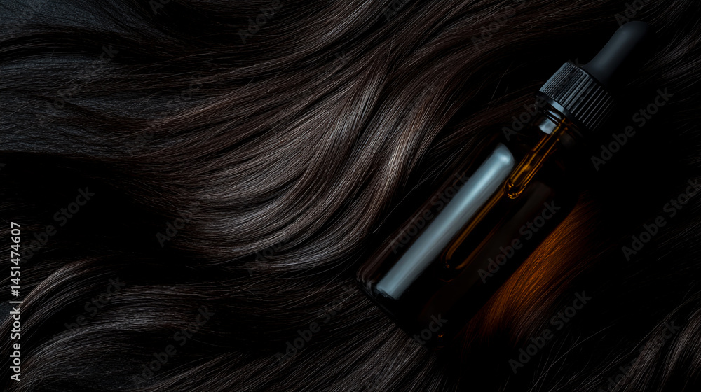 Naklejka premium Close-up of dark brown hair with a bottle, flat lay, on a black background. Hair oil for growth and health care concept.