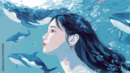The illustration shows a young woman in profile, her long black hair flowing, immersed in an underwater scene, surrounded by several killer whales.