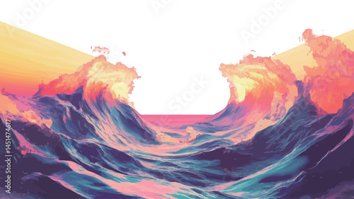 A digitally created hyper-realistic illustration of two stylized crested ocean waves. The waves are rendered in a painterly, almost impressionistic technique using vibrant.