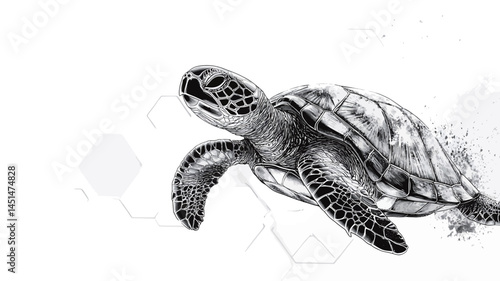 This image presents a detailed monochrome illustration, or high-contrast photograph, of a sea turtle in motion. The grayscale palette enhances the textural elements of the turtle's shell and skin.