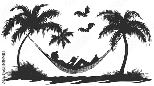 This image features a grayscale vector illustration that highlights the silhouette of a person reclining in a hammock between two stylized palm trees. The person appears to be reading a book.
