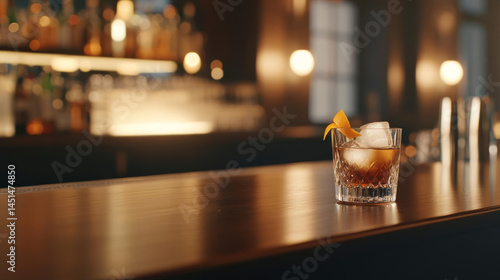 Refreshing cocktail with ice and citrus twist sits on polished bar top, inviting relaxation