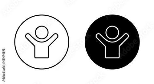 Hands up human outline icon on circle line. Support, participation, and positive expression sign symbol