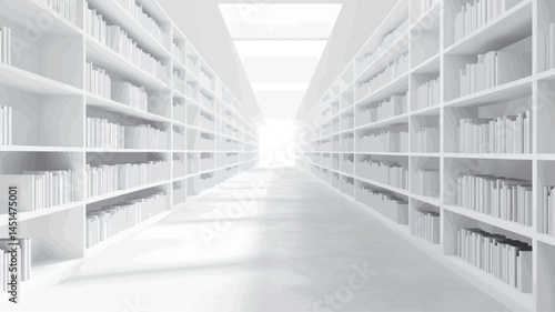 The image presents a long, linear view of the library's corridors. The architecture is minimalist; all surfaces��hallways, floors, and bookshelves��are rendered in a pure, unblemished white.