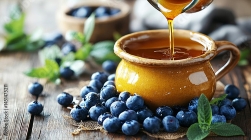 Delicious honey pouring into rustic pot surrounded by fresh blueberries and mint leaves