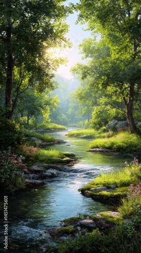 Peaceful Forest River Stream with Wildflowers and Sunlight – Nature Landscape Illustration
