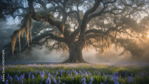 Majestic Oak Tree with Spanish Moss and Bluebells in Misty Meadow photo