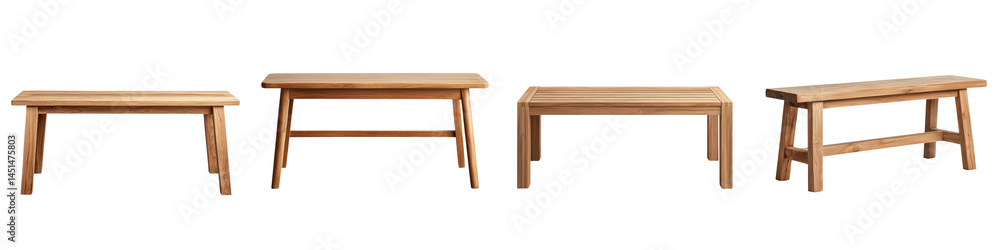 A collection of wooden furniture pieces, including tables and benches, showcasing a minimalist and contemporary design. long_title:This image displays A collection of wooden furniture pieces, including tables and benches, showcasing a minimalist and contemporary design. long_title:This image displays