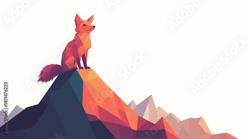 A stylized digital illustration of a red fox rendered in a low polygonal style. The fox is sitting on a geometrically rendered hill or mountain, also drawn in a low polygonal style.