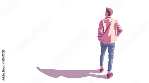 A stylized vector illustration or digital drawing of a young man silhouetted against a plain white background. The image features a bold two-tone color scheme, dominated by pink and.