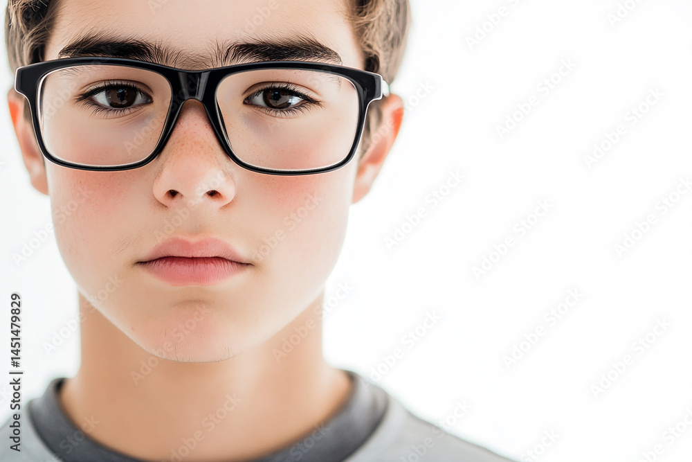 Close-up of a man wearing glasses on a white background, a man wearing glasses looks up Close-up of a man wearing glasses on a white background, a man wearing glasses looks up