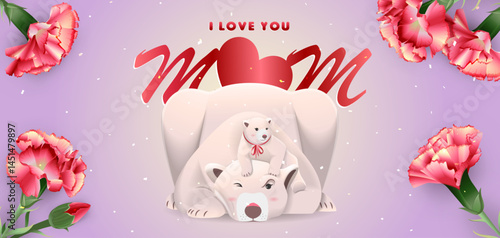Happy mother's day banner template with mother polar bear and baby on purple background. Vector illustration of carnation flowers and typography design. Perfect for greeting card and invitations.