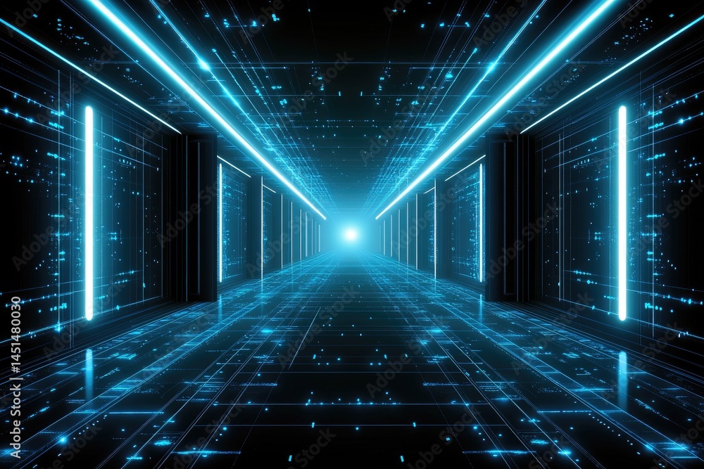 Fototapeta premium Abstract digital corridor with glowing blue lines and data streams, vanishing into bright light at the end