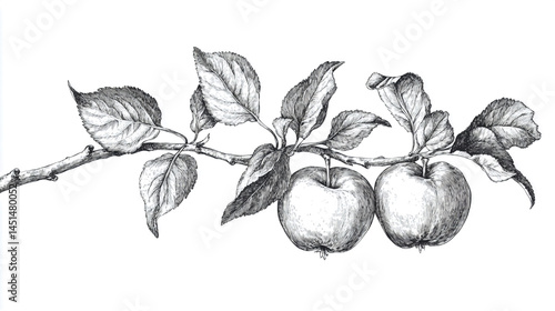 Hand-drawn vector illustration of an apple branch with leaves and apples, a set collection on a white background, in a vintage style, with a pencil drawing and line art