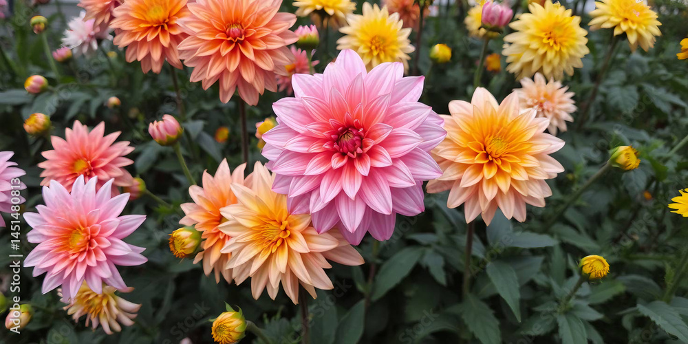 Fototapeta premium a lush garden scene filled with various types of dahlias. The flowers are arranged in a natural, slightly chaotic layout
