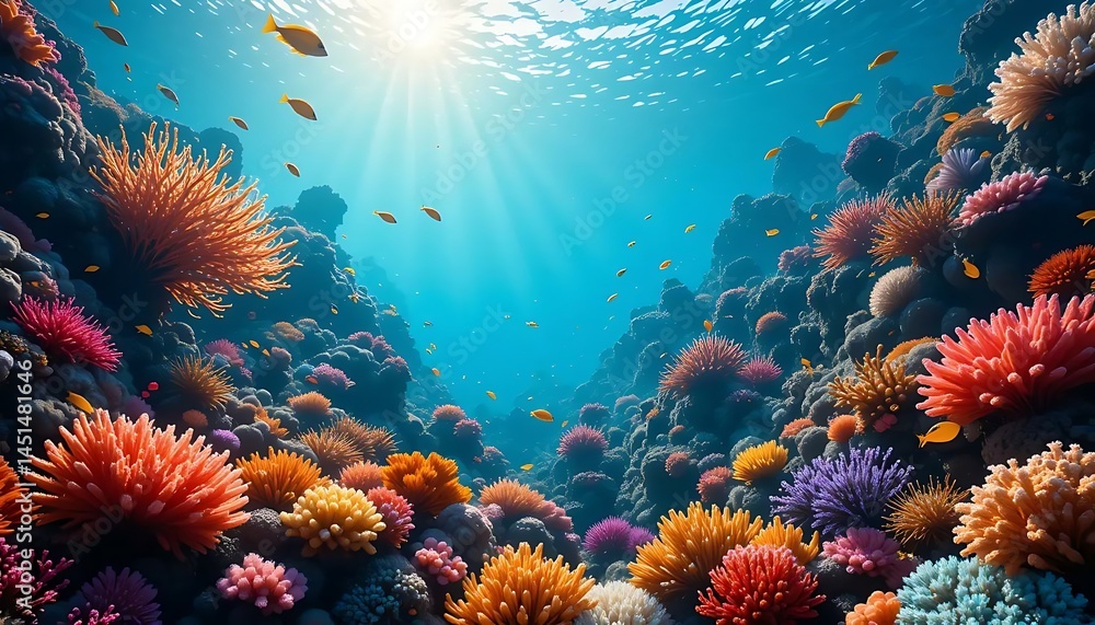 Obraz premium Sunlight filters through the turquoise ocean water, illuminating vibrant coral and yellow fish life.