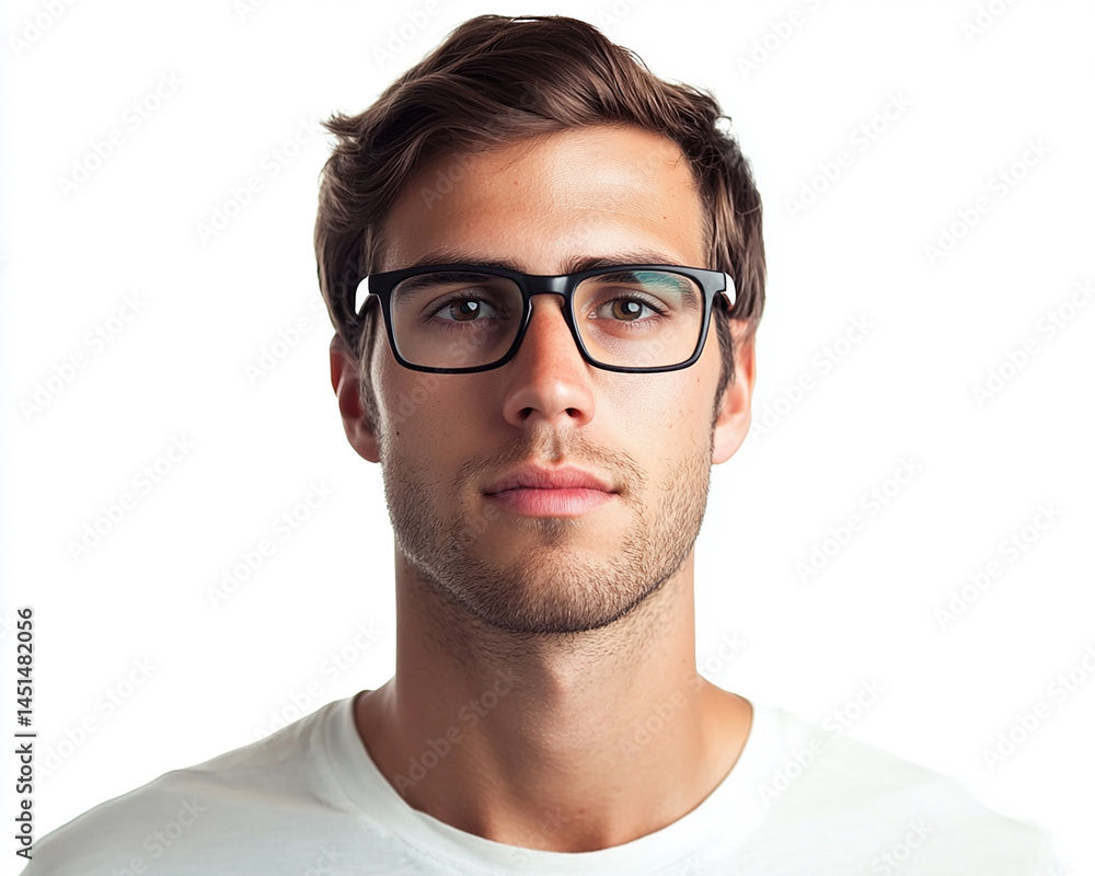 Close-up of a man wearing glasses on a white background, a man wearing glasses looks up Close-up of a man wearing glasses on a white background, a man wearing glasses looks up